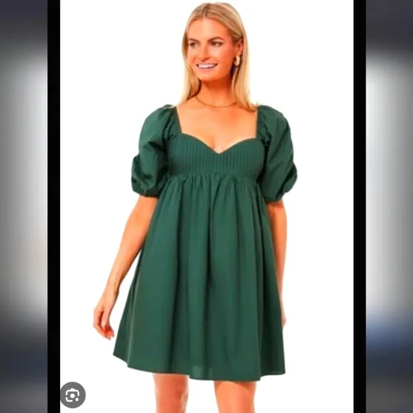 HYACINTH HOUSE Sasha Babydoll Mini Dress Emerald Puff Sleeves Square Neck Sz LG