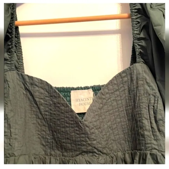 HYACINTH HOUSE Sasha Babydoll Mini Dress Emerald Puff Sleeves Square Neck Sz LG