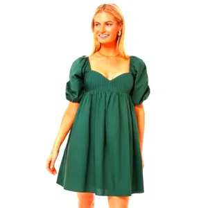 HYACINTH HOUSE Sasha Babydoll Mini Dress Emerald Puff Sleeves Square Neck Sz LG