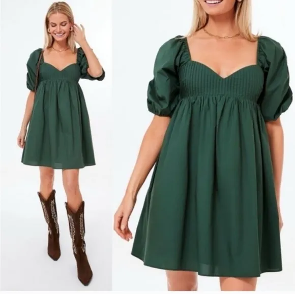 HYACINTH HOUSE Sasha Babydoll Mini Dress Emerald Puff Sleeves Square Neck Sz LG