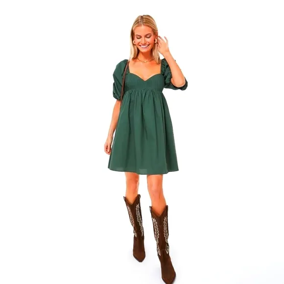 HYACINTH HOUSE Sasha Babydoll Mini Dress Emerald Puff Sleeves Square Neck Sz LG