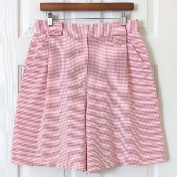 Izod 90's Vintage Gingham Preppy Pleated High Waisted Wide Leg Shorts Pink Large