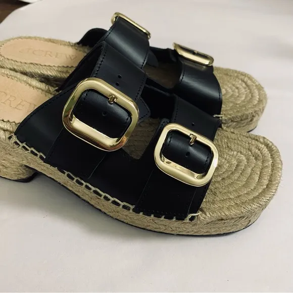 J. Crew CA017 Black &amp; Gold Genuine Leather Made in Spain Espadrille Block Heel