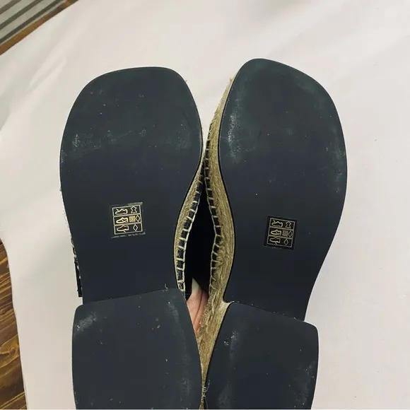 J. Crew CA017 Black &amp; Gold Genuine Leather Made in Spain Espadrille Block Heel