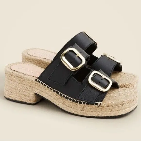 J. Crew CA017 Black &amp; Gold Genuine Leather Made in Spain Espadrille Block Heel