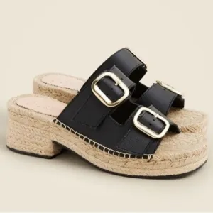 J. Crew CA017 Black &amp; Gold Genuine Leather Made in Spain Espadrille Block Heel
