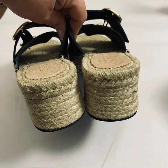 J. Crew CA017 Black &amp; Gold Genuine Leather Made in Spain Espadrille Block Heel