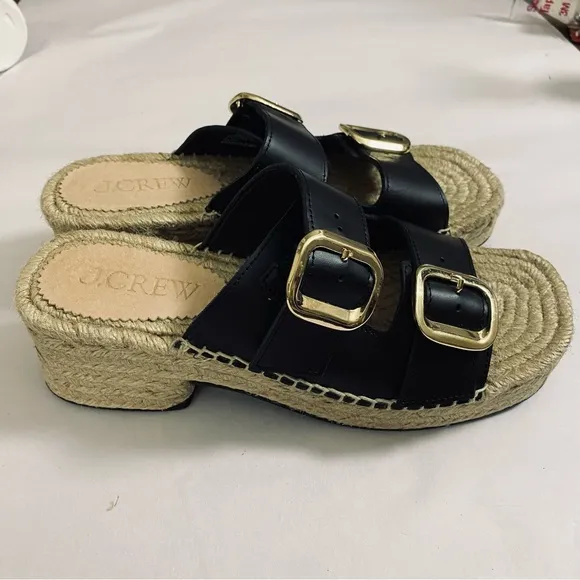 J. Crew CA017 Black &amp; Gold Genuine Leather Made in Spain Espadrille Block Heel
