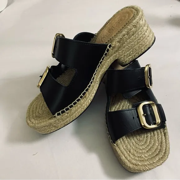 J. Crew CA017 Black &amp; Gold Genuine Leather Made in Spain Espadrille Block Heel
