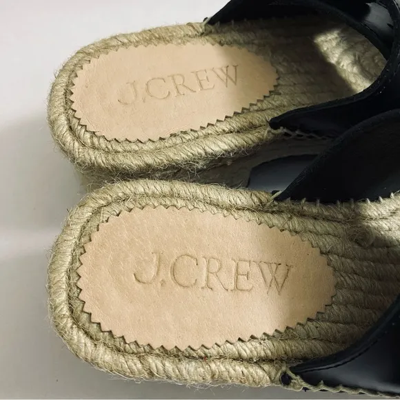 J. Crew CA017 Black &amp; Gold Genuine Leather Made in Spain Espadrille Block Heel