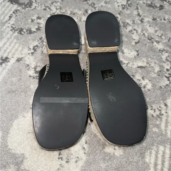 J. Crew Made in Spain Black Leather Gold Buckle Block Heel Espadrilles