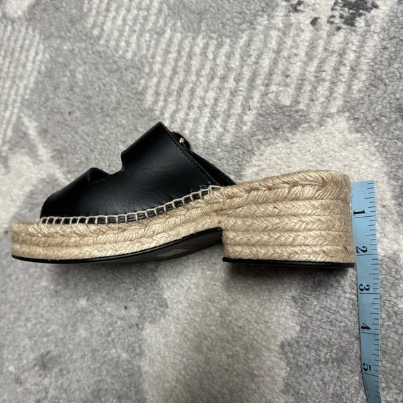 J. Crew Made in Spain Black Leather Gold Buckle Block Heel Espadrilles