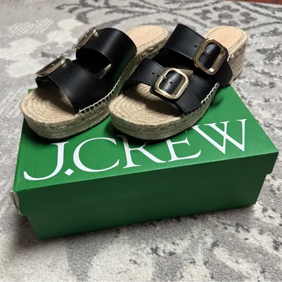 J. Crew Made in Spain Black Leather Gold Buckle Block Heel Espadrilles