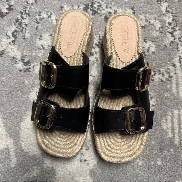 J. Crew Made in Spain Black Leather Gold Buckle Block Heel Espadrilles