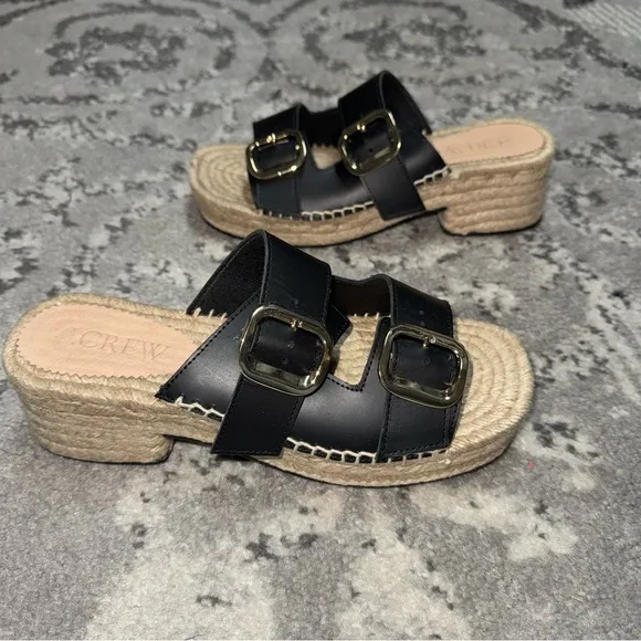 J. Crew Made in Spain Black Leather Gold Buckle Block Heel Espadrilles
