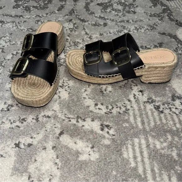 J. Crew Made in Spain Black Leather Gold Buckle Block Heel Espadrilles