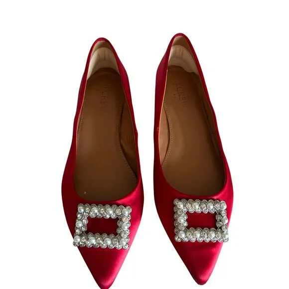 J. Crew Pointy Toe Crystal Flats Ruby Red Sz 6 1/2 Old Money Office