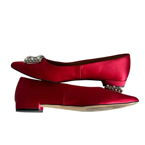 J. Crew Pointy Toe Crystal Flats Ruby Red Sz 6 1/2 Old Money Office