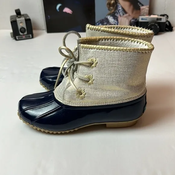 Jack Rodgers Chloe Rain/ snow boots with a whipstitch blue and gold .