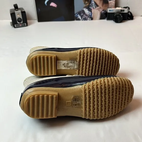 Jack Rodgers Chloe Rain/ snow boots with a whipstitch blue and gold .