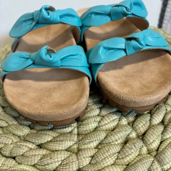 Jack Rogers Rose Aqua Blue Leather Double Knot Slide Flat Sandals