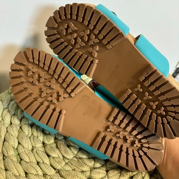 Jack Rogers Rose Aqua Blue Leather Double Knot Slide Flat Sandals