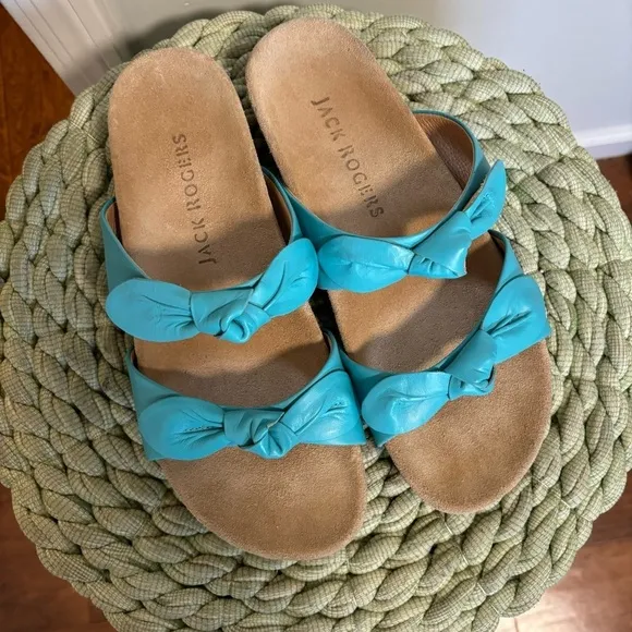 Jack Rogers Rose Aqua Blue Leather Double Knot Slide Flat Sandals