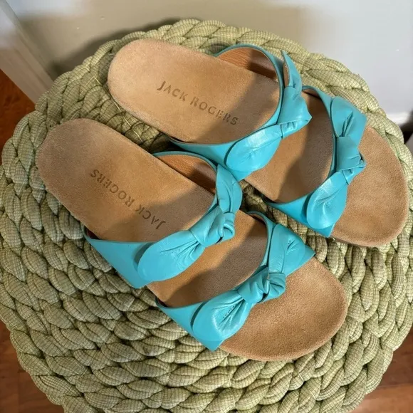 Jack Rogers Rose Aqua Blue Leather Double Knot Slide Flat Sandals