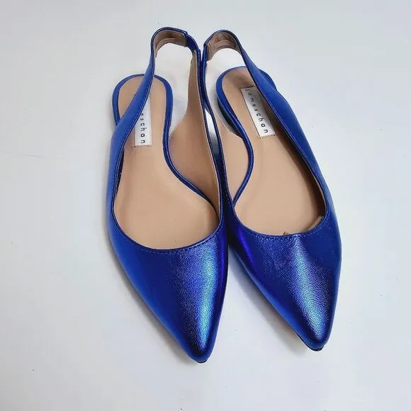 James Chan Nakasey Blue Metallic Sling Back Flat Size 6 Size 9 NWOB