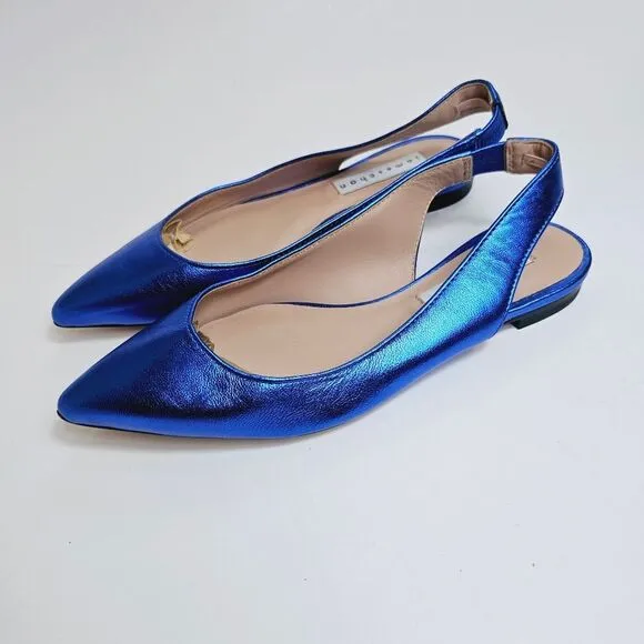 James Chan Nakasey Blue Metallic Sling Back Flat Size 6 Size 9 NWOB