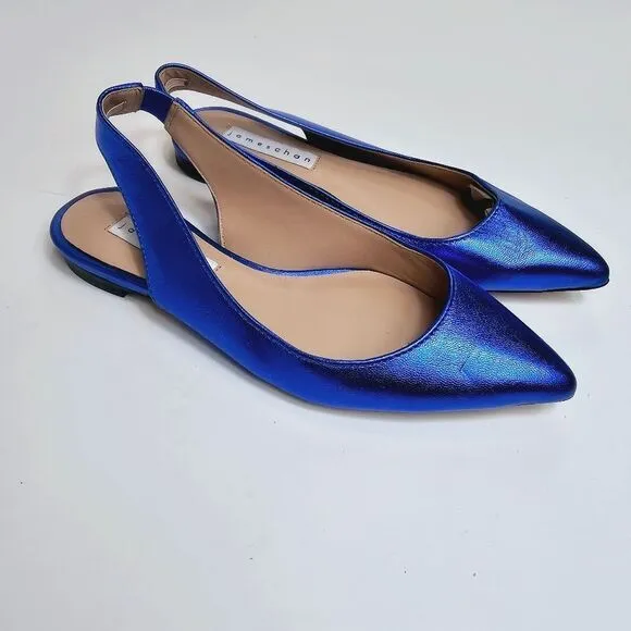James Chan Nakasey Blue Metallic Sling Back Flat Size 6 Size 9 NWOB