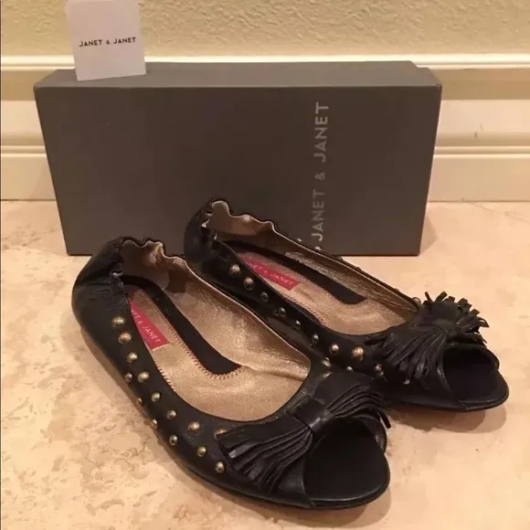 JANET &amp; JANET Leather Open Toe Ballet Flats NEW!
