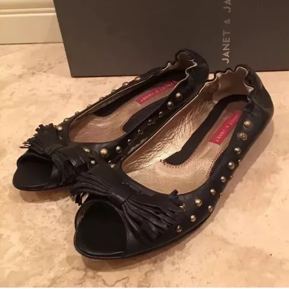 JANET &amp; JANET Leather Open Toe Ballet Flats NEW!