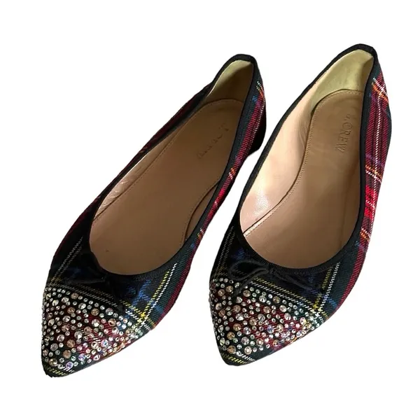 J.CREW GEMMA CRYSTAL-CAP-TOE FLATS Size 9 US in a beautiful plaid print