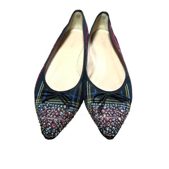 J.CREW GEMMA CRYSTAL-CAP-TOE FLATS Size 9 US in a beautiful plaid print