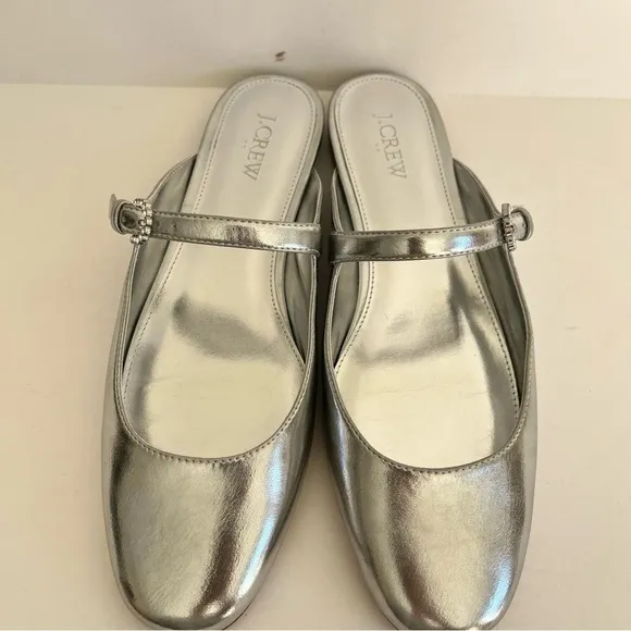 J.CREW Mary Jane Mules Silver 9 Ballet CA763 Flats Round Toe Rhinestone