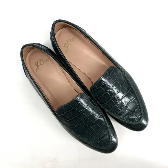J.Crew Modern Academy Loafers in Dark Moss Green Croc Embossed Size 5.5