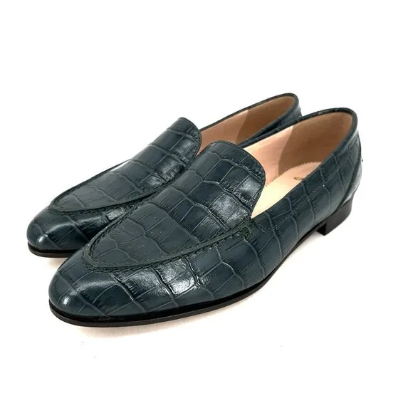 J.Crew Modern Academy Loafers in Dark Moss Green Croc Embossed Size 5.5