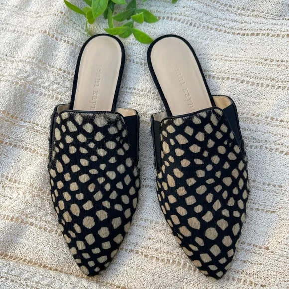 JENNY KAYNE shearling black tan giraffe mule Made in Italy size 35 Brand…