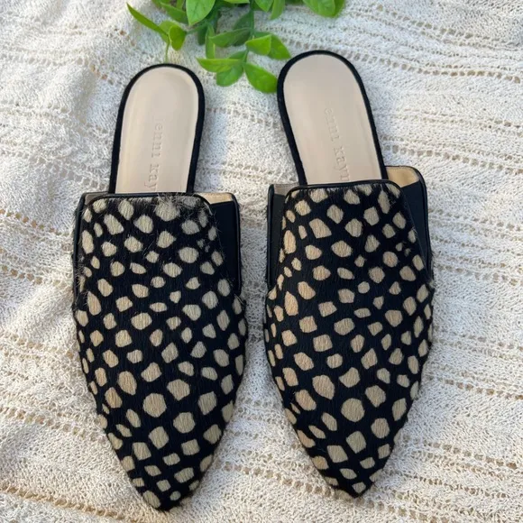 JENNY KAYNE shearling black tan giraffe mule Made in Italy size 35 Brand…