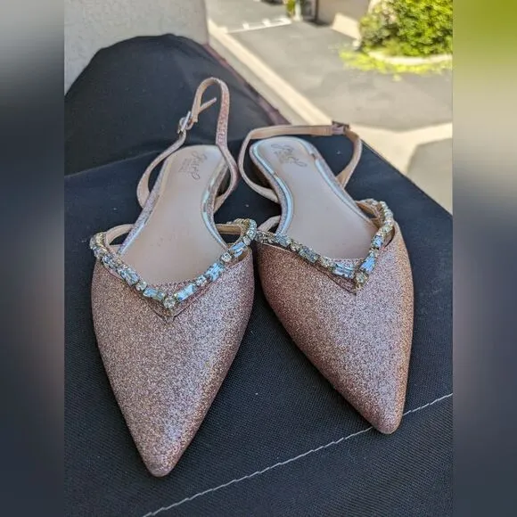 JEWEL BADGLEY MISCHKA Camden Slingback Flats in rose gold glitter in 7.5 Wide