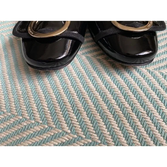 JIMMY CHOO Black Patent Leather Gold Buckle Flats