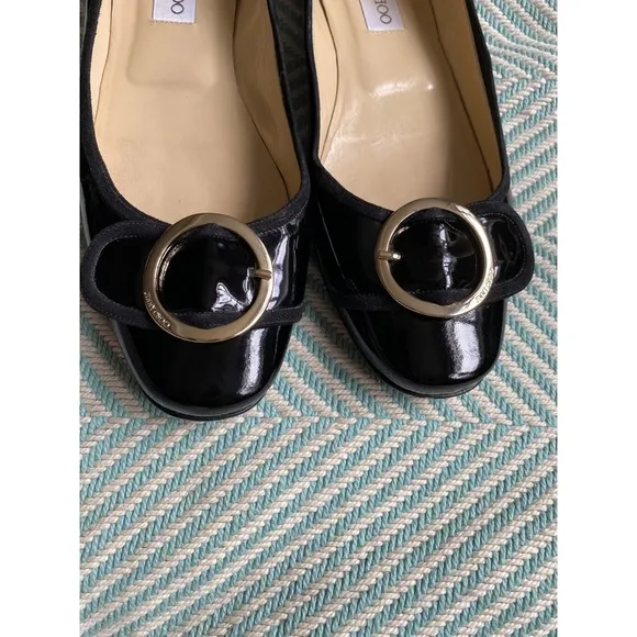 JIMMY CHOO Black Patent Leather Gold Buckle Flats