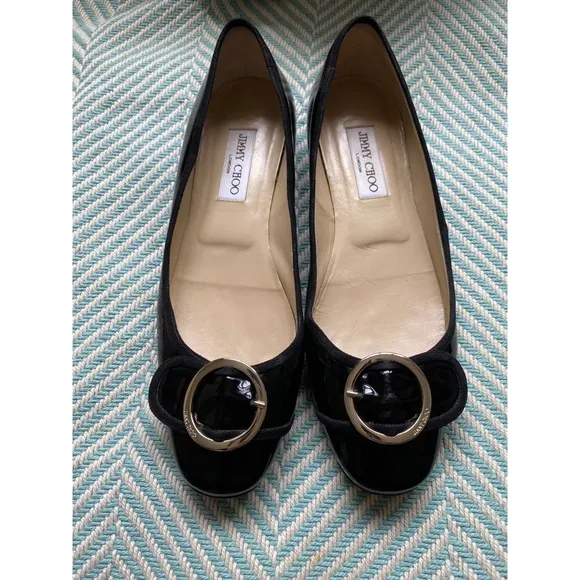 JIMMY CHOO Black Patent Leather Gold Buckle Flats