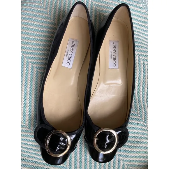 JIMMY CHOO Black Patent Leather Gold Buckle Flats