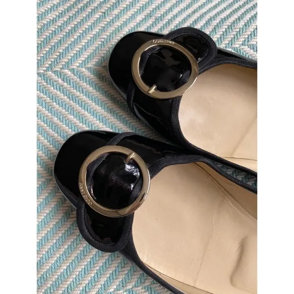 JIMMY CHOO Black Patent Leather Gold Buckle Flats