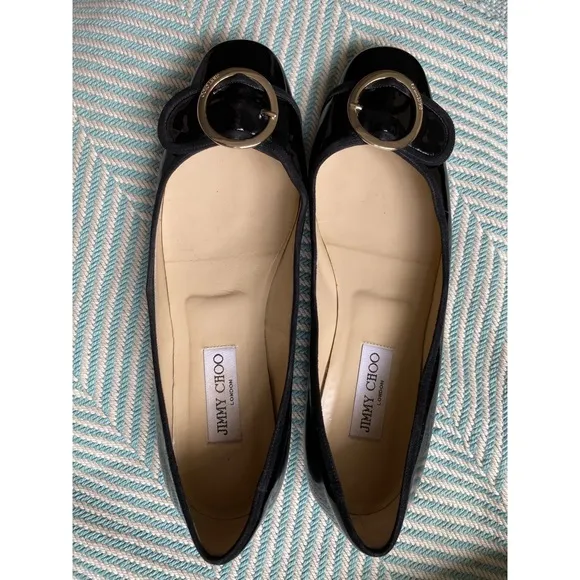 JIMMY CHOO Black Patent Leather Gold Buckle Flats