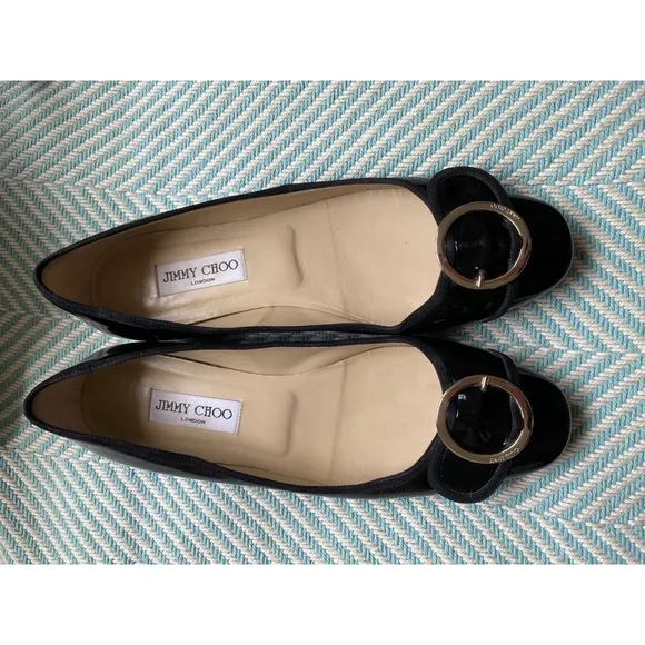JIMMY CHOO Black Patent Leather Gold Buckle Flats
