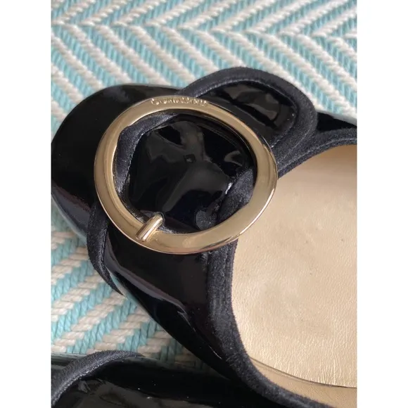 JIMMY CHOO Black Patent Leather Gold Buckle Flats