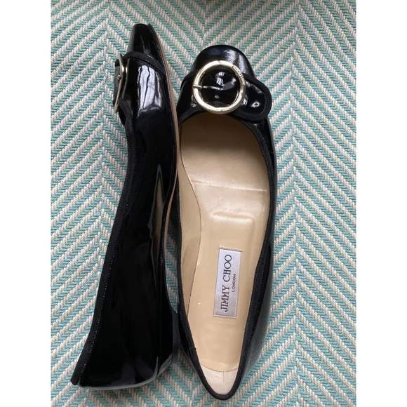 JIMMY CHOO Black Patent Leather Gold Buckle Flats